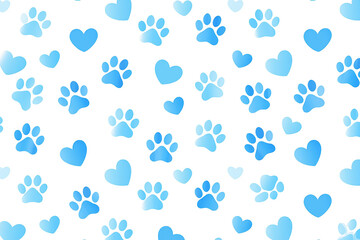 Seamless pattern of blue paw prints and hearts