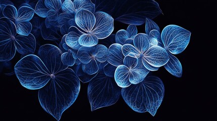 Macro view of a blue hydrangea cluster, with light highlighting the delicate petals