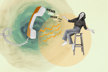 Poster graphics collage of person stand near phone call fake news on yellow background
