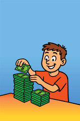 illustration of a boy stacking money.eps