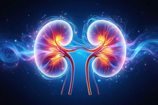 Human kidneys anatomy medical illustration glowing