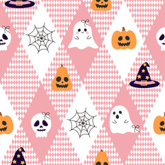 Pink seamless cartoon halloween geo pattern. Pink Halloween ghost pumpkin skull bow vector in flat style. Vector illustration.	