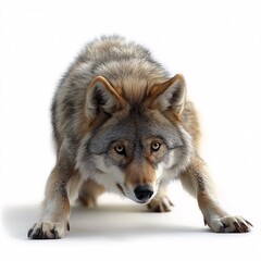 Fototapeta premium Wild Wolf Crouching. Predatory Instincts and Animal Behavior in Nature Photography