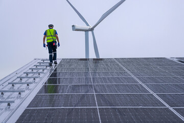 Engineer inspects solar panels and wind turbine under cloudy sky