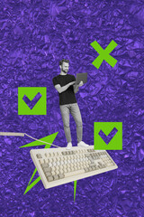 Sketch design trend artwork poster photo collage of psychedelic young man stand keypad work laptop...