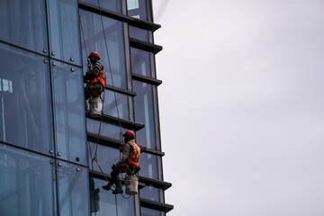 workers suspended on harnesses clean glass windows