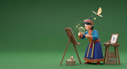 3D Character Woman Artist Painting at Easel in Beret
