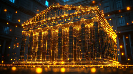 Futuristic bank building digitally rendered on a glowing circuit board. Neon lights highlight tech innovation, AI, and cryptocurrency, symbolizing modern finance and high-tech digital banking.

