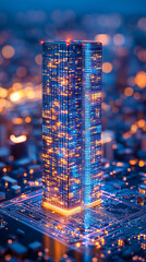 Futuristic bank building digitally rendered on a glowing circuit board. Neon lights highlight tech innovation, AI, and cryptocurrency, symbolizing modern finance and high-tech digital banking.

