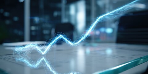 A blue glowing line graph overlay on a light table in an office environment with blurred background