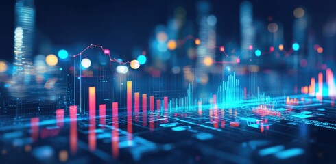 Digital cityscape overlaid with financial data visualizations.  Bright neon lines of graphs and charts are displayed over a blurred night cityscape
