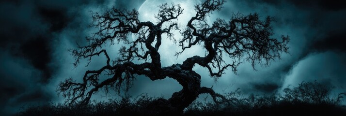 A large, gnarled tree silhouetted against a stormy, moonlit sky