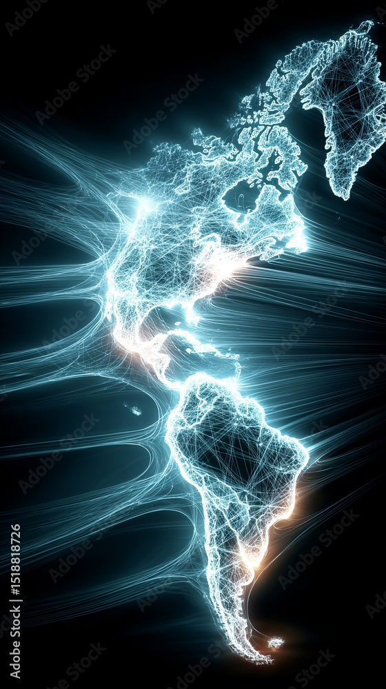 Poster a glowing digital network world map illustrating global connectivity and data flow. abstract visuali