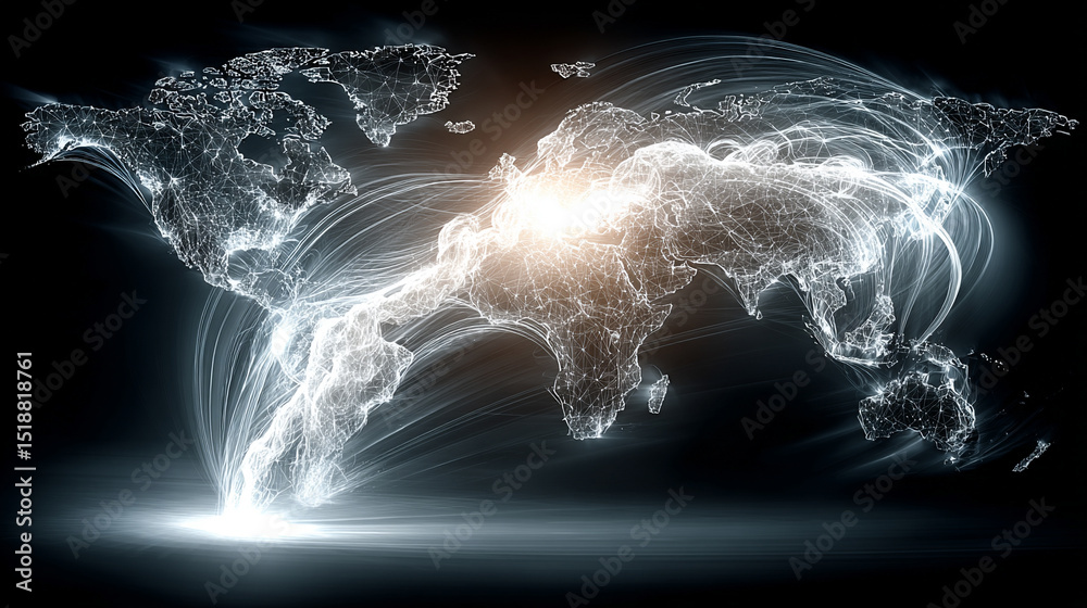 Poster a glowing digital network world map illustrating global connectivity and data flow. abstract visuali