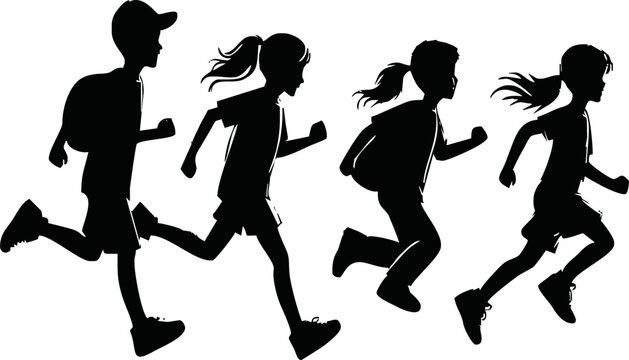 silhouettes of running children vector illustration, group of active kids playing clipart graphic, front view