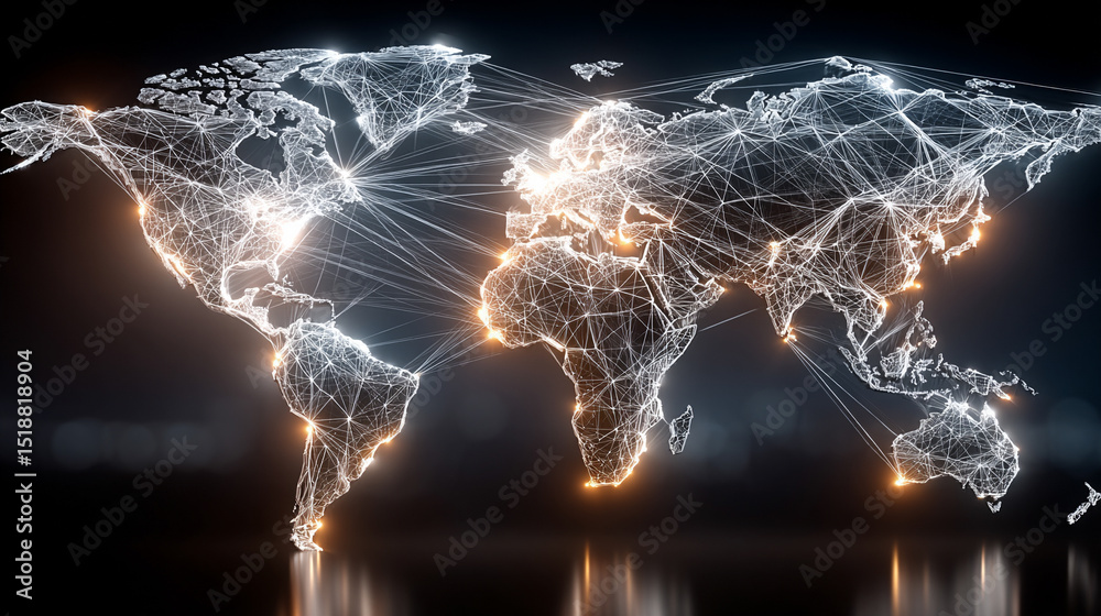 Poster a glowing digital network world map illustrating global connectivity and data flow. abstract visuali