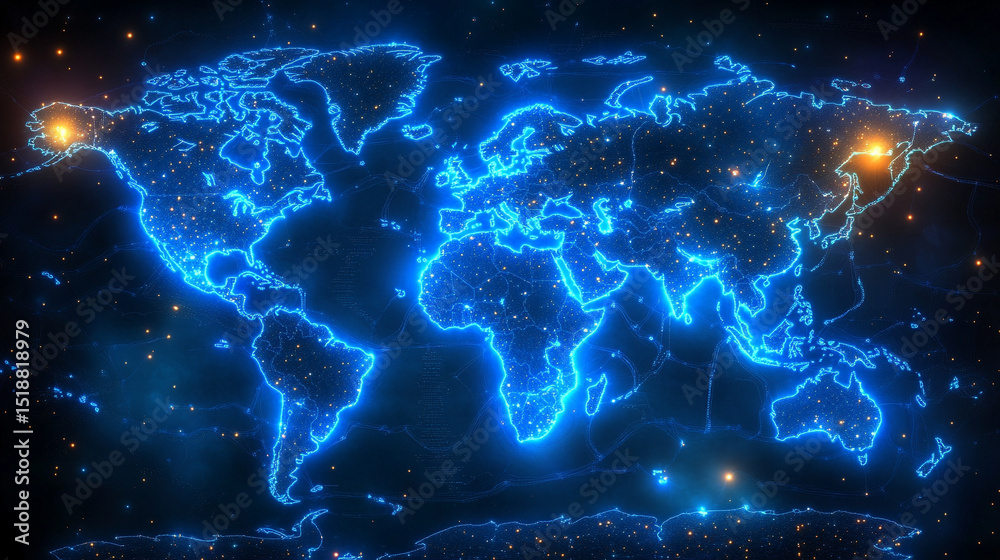 Poster a glowing digital network world map illustrating global connectivity and data flow. abstract visuali