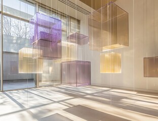 Suspended translucent cubes in a light-filled gallery