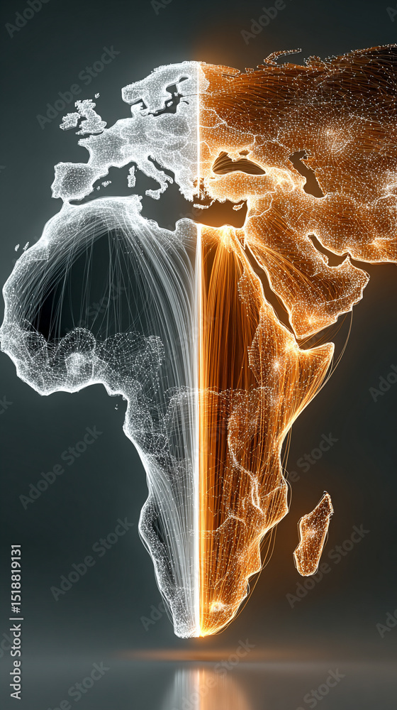 Poster a glowing digital network world map illustrating global connectivity and data flow. abstract visuali