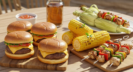Sizzling Summer BBQ Grilled Burgers, Corn on the Cob, and Chicken Skewers