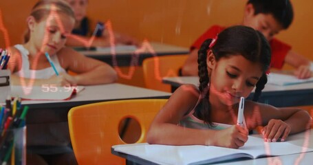 Students writing in classroom as red financial chart fading in pulsing numbers dissolving - Powered by Adobe