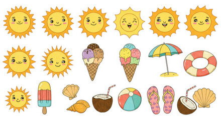 Adorable Summer Icons Cute Sun, Ice Cream, Beach, and More!