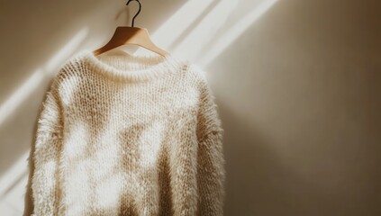 A cream-colored knitted sweater hangs on a wooden hanger against a light beige wall, illuminated by sunlight streaming in, casting soft shadows