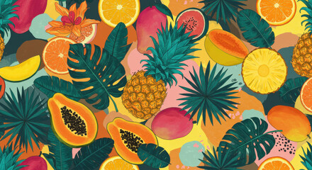 Vibrant Summer Tropical Fruit Pattern Mangoes, Pineapples, and More