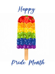 Colorful rainbow flag celebrating LGBTQ+ pride and inclusion made from layers of fruit popsicle with the text “Happy Pride Month”. Watercolor on paper.