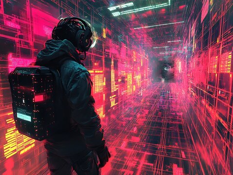 Journey through digital corridors: A cyberpunk figure navigates the networked space