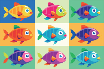 Colorful Fish Pattern Illustration in a Grid with Various Backgrounds