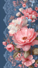 Elegant Floral Arrangement - Delicate Peonies and Roses on Lace Background for Wedding Decor and Home Textiles