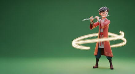 3D Character Boy Playing Flute with Musical Notes