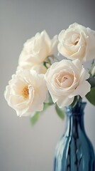 Obraz premium Delicate White Roses in Blue Glass Vase on Grey Background