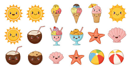 Adorable Summer Icons Cute Sun, Ice Cream, Beach, and Sea Collection