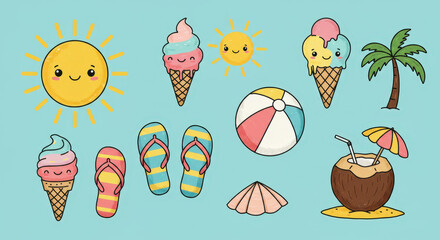 Adorable Summer Icons Cute Sun, Ice Cream, Beach, and More!
