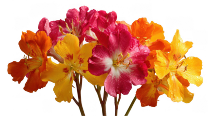 Vibrant alstroemeria flowers in shades of pink, orange, and yellow, glistening with dewdrops, are showcased against a transparent background, creating a vivid and captivating floral display