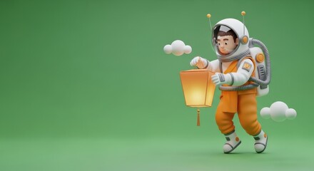 3D Character Eskimo Boy with Lantern and Winter Clothes