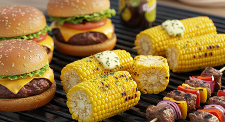 Sizzling Summer BBQ Grilled Burgers, Corn, and Kebabs