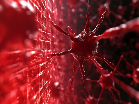 Dramatic close-up of intricately rendered neural network connections in deep red