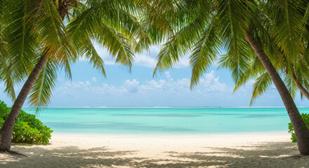 Stunning Tropical Beach Background Azure Waters, Palm Trees, and Pristine Sands
