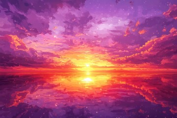 Fototapeta premium A vibrant sunset reflected in still water, with pixelated clouds