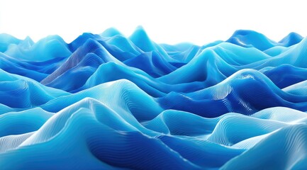 Fototapeta premium Abstract digital rendering of a flowing, undulating landscape in shades of blue, resembling waves or mountains against a white background. 