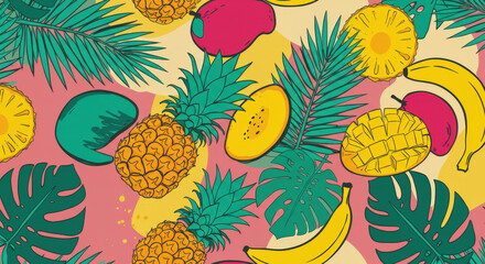 Vibrant Summer Tropical Fruit Pattern Pineapples, Mangoes, Bananas & Palm Leaves
