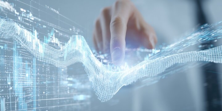 A finger touching a glowing digital graph with a grid background in a bright and futuristic setting
