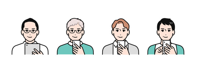 スマートフォンやタブレット端末を持つ4人のミドル男性のシンプルなベクターイラストセット