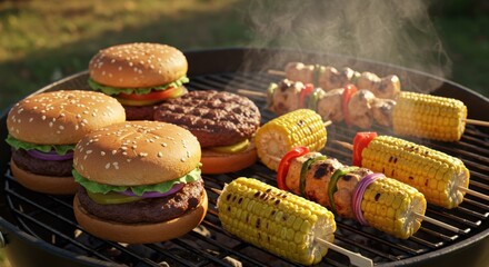 Sizzling Summer BBQ Juicy Burgers, Kebabs, and Grilled Corn on the Cob