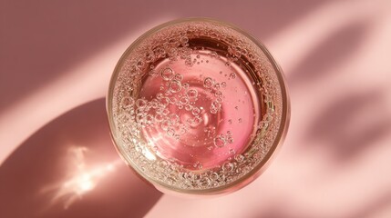 Rose sparkling wine glass with elegant bubbles, soft shadows on pink background - celebration and luxury in a delicate moment
