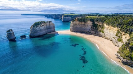 Aerial view of a crescent-shaped beach surrounded by cliffs, with turquoise waters gently lapping the shore