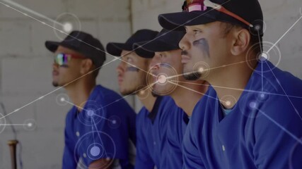 Baseball teammates sitting watching game as glowing node appearing linking players into network